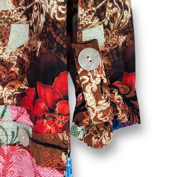 Ali Miles Floral Mixed Media Oyster Button Shirt Plus Size 2X Artsy Lagenlook - Picture 2 of 8